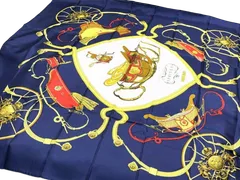 ▽エルメス　 HELMES　 スカーフ　カレ90　　スプリングス　SPRINGS　 馬車柄 　シルク　 レディース　ネイビー　00050