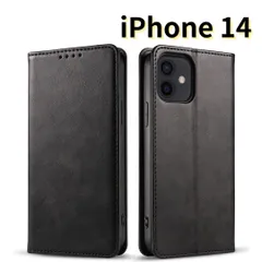 【SHOPSA】 iPhone14 レザー風 スマホケース 手帳型 耐衝撃 マグネット式 カードケース 黒