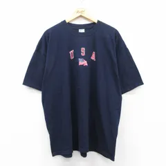XL/古着 半袖 ビンテージ Tシャツ メンズ 00s USAロゴ 刺繍 大きいサイズ コットン クルーネック 紺 ネイビー 25may08 中古