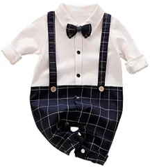 【数量限定】七五三 結婚式 ロンパース お食い初め 重ね着風 お宮参り セレモニー 服 新生児 蝶ネクタイ カバーオール おめかし 長袖 赤ちゃん 誕生日 洋装 記念撮影 フォーマル 男の子 (紺チェック ベビー Bebek 66) [ベベック]