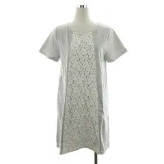 シューラルー SHOO・LA・RUE ワンピース ひざ丈 半袖 Tシャツ ラウンドネック 切替 レース 薄手 無地 L グレー 白 ホワイト /PI