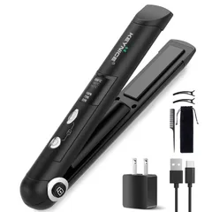 02-ACアダプター付き ブラック KEYNICE ヘアアイロン コードレス ストレート カール 2way メンズ usb充電式 ミニ コンパクト 軽量 ワイヤレス 持ち運び便利 165/185/205℃温度調整 自動OFF ヘアアイロンセット 前髪 メンズ
