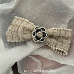 ツイード パール カメリア お花 ヘアクリップ 白 大人気