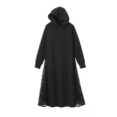 ☆ ブラック ☆ Mサイズ ☆ バックレースパーカーワンピース ワンピース パーカー 長袖 レディース レース 961816 ロングワンピース ロングワンピ ワンピ レディースワンピース パーカーワンピース 長袖ワンピース ロング ロング丈 裏起毛 きれいめ