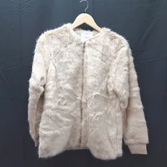 ◇ Ifuru ノーカラー クルーネック フェイクファー フルジップ 長袖 ジャケット コート Mサイズ ベージュ レディース E 【1303290011787】