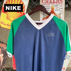 70s NIKE ナイキ USA製 ラグラン Tシャツ Lサイズ Vネック オレンジ スウッシュ ネイビー × グリーン 10688