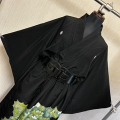 和洋折衷コーデセット｜黒留袖リメイクワンピース　黒地にグリーン系の花と鼓模様が美しい着物リメイクワンピース・シックで個性派・和モード・黒コーデ 2点セット