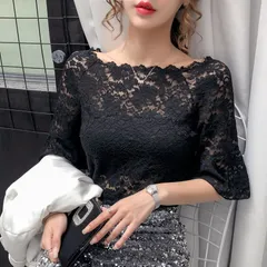 レースブラウス　ラウンドネック　五分丈　総レース　花柄　セクシー　刺繍シャツ