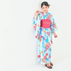 【2点セット】キッズ 子供 浴衣 しわへこ 帯とセット 青 水色 矢絣 毬 100〜150cm P6