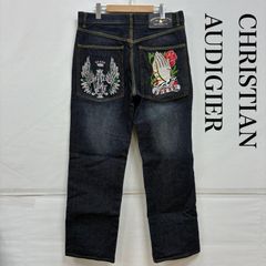 CHRISTIAN AUDIGIER クリスチャンオードジェー パンツ デニム、ジーンズ プレイングハンズ 祈り手 薔薇 フェザー クラウン 刺繍 5ポケット ワイド ストレート ジップフライ デニムパンツ