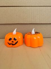 【ハロウィン】かぼちゃ　LEDライト　2個セット　蜘蛛の巣　キャンドル風ライト　光る　かわいい　小さめ　玄関　飾り　リビング