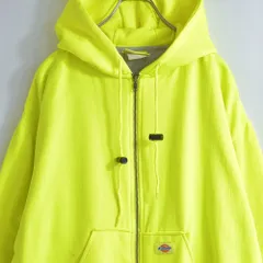 90s〜 Dickies ディッキーズ 裏サーマル スウェットパーカー ヴィンテージ ジップアップ フーディー ネオンイエロー 蛍光 ビンテージ USA アメリカ古着 メンズLサイズ相当