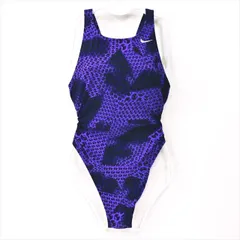 ●SE3E61☆NIKEナイキ競泳水着 大きめMサイズ 黒紫 ロゴ刺繍 オープンバック レディース 練習用水着 フィットネスジムプール ワンピース■