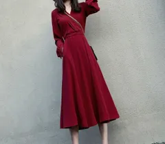 Vネック 長袖 レトロ Aライン ワンピース 秋冬 ドレス 赤 黒【0708】