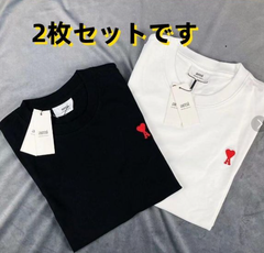 新品 特価値  AmiParis アミパリス 半袖 Tシャツ ブラック 男女兼用 赤いハートの刺繍 黑+白 2枚