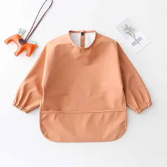 ☆ 下段ポケット×オレンジ ☆ S ☆ ベビー お食事エプロン 撥水 長袖 babybib483 食事 エプロン 長袖 ベビー お食事エプロン スタイ お食事スタイ 食事用エプロン キッズエプロン 食事エプロン 男の子 女の子 無地 撥水 はっ水 赤ちゃん