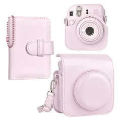 【数量限定】instax mini チェキケース 12ケース,Fujifilm チェキ12ケース と28枚写真入れアルバム付き２点セット チェキ mini HIYQIN 12カメラケース ショルダーストラップ付き PUレザー - ピンク