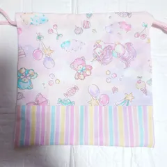 ハンドメイド巾着袋☆ピンクゆめかわユニコーン×カラフルストライプ☆20×20