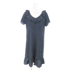 クランプリュス ミッシェルクラン KLEIN PLUS ワンピース ひざ丈 Vネック 半袖 フリル ハート ドット 総柄 薄手 軽やか 40 紺 ネイビー /AH7