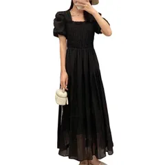 L_ブラック [ウェアビー] ギャザーパフスリーブ レトロワンピース スクエアネック 半袖 マキシ丈 夏ワンピ おしゃれ レディース シャーリング 裏地付き Aライン 膝下 かわいい オケージョン お呼ばれ デート 二次会 結婚式 大人っぽい フェミニン 涼し