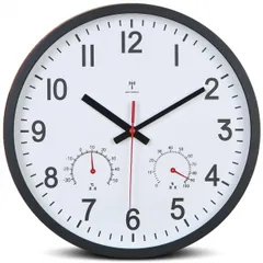 一年 掛け時計 電波時計 温度 湿度 連続秒針 Φ30x5cm 黒い 自動受信 壁掛け 北欧 wall clock BLSM-W733