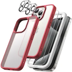 【数量限定】Pro (15 Maxに対応) 6.7インチ用 マットケース iPhone15ProMax 2枚強化ガラスフィルム+2枚カメラレンズフィルム付き 1 5枚セット in 半透明背面 5 耐衝撃スマホカバー JEDirect (マルーン)