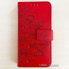iPhone SE3 SE2 8 7 SE (第2世代/第3世代) ケース スマホ 手帳型 カードケース レッド 赤色 赤 曼荼羅模様 花柄 アイフォン
