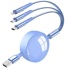 【新品】 充電ケーブル 3in1 巻き取り式 コード 3A急速充電 3in 1 USB Type C iOS Micro 充電ケーブル 3台同時充電 超高耐久 Phone Android タイプC iPhone 各種対応- 1.2M ブルー 1