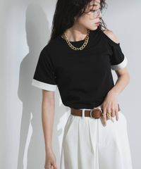 夢展望公式 [新品未使用] カットオフバイカラースリーブＴシャツ [ブラック] 他カラー別ページ有 bohmal カットソートップス カットソートップス・Ｔシャツ（半袖） 535437-02