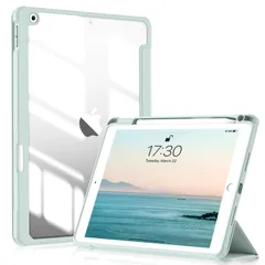 【新着商品】クリア透明アクリル製 2019 iPad第7世代ケース ペンシルホルダー付き 2020/ ケース 軽量 ケース ケース 薄型 第8世代 iPad 衝撃吸収 iPad iPad 自動スリープ/スリープ解除機能付き 2021/ 第9世代 ライトグリーン