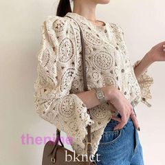 トップス フェミニン 春夏クロシェ編み カーディガン 画像色 パフスリーブ 長袖 デイリー お出かけ デート アイボリー ホワイト  min#