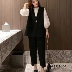 レディースファッション セットアップ スーツ フォーマル シャツ ベスト パフスリーブ バンドカラー 七分袖 アンクル丈 パンツ スーツ 春