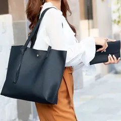 A4トートバッグ 大容量 合皮 肩掛け ビジネスバッグ 黒 ポーチ付き