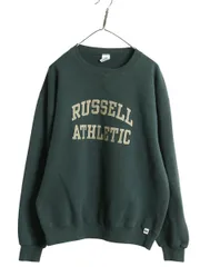【お得なクーポン配布中!】 90s ラッセル 2段 ロゴ 刺繍 スウェット メンズ レディース L / オールド トレーナー 裏起毛 前V クルーネック シンプル ゆったり グリーン
