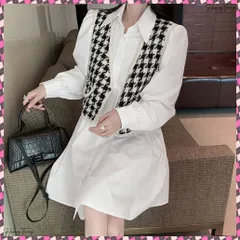 送料無料 ベストシャツワンピースセット レディース シャツワンピース 白 長袖 千鳥柄ベスト ゆったり きれいめ ボリューム袖 お洒落 Aラインミニワンピ バルーンスリーブ 大人長袖ワンピース セットアップ ジレ 韓国風2点セット春