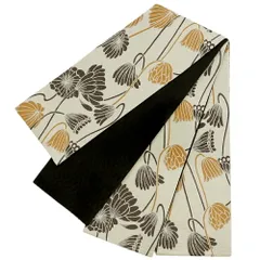 半幅帯 浴衣帯 ゆかた帯 桐生織 アイボリー 薄黄色 茶 焦げ茶 花 蓮 はす 矢羽根 ポリエステル リバーシブル 浴衣 和柄 お洒落 No.10-5435