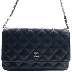シャネル(CHANEL) マトラッセ チェーンウォレット  黒 キャビアスキン シルバー金具 AP0250 プレート 新品同様 レディース ショルダーウォレット 財布