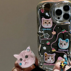 ★輸入★シルバーメタリック　ねこ　猫　スマホグリップ付　iPhoneケース
