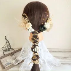 髪飾り ドライフラワー＊結婚式 成人式 卒業式 和装 打掛 振袖 袴~ソラローズ ロープ ネット チュール パール 水引 金箔~ブラックゴールド 黒 金 15本