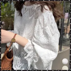 レース透かし袖ボリュームブラウス 春夏 レースブラウス透け感 刺しゅう エレガント パフスリーブ フェミニン スカラップ裾 デート服 シースルーきれいめトップス 肌見せ トップス 重ね着 トップス 韓国ファッション