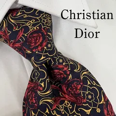 《美品》Christian Dior (クリスチャンディオール) ネクタイ 総柄  アラベスク フローラル  黒 赤 ゴールド