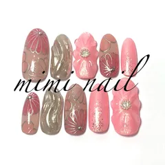 現品限り ピンク＆ぷっくりフラワー和柄ネイルチップ ハンドメイド ロング ジェルコート済