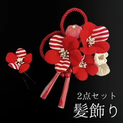 【赤 花 髪飾り 2点セット】 成人式 卒業式 結婚式 振袖 袴 訪問着 着物 和装 浴衣 ゆかた 赤色 紅白 花飾り コーム式 Uピン式 髪留め タッセル ちりめん生地 つまみ細工 組紐 HCJA232