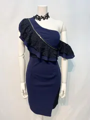 1598 Tika ティカ キャバクラ ドレス ワンショルダー フリル フロントジップ タイト ミニ 伸縮性 レース キャバドレス M