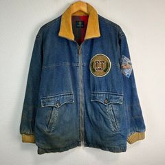 90s vintage デニムジャケット カバーオール ワッペン コーデュロイカラー ハイネック チェック裏地 インディゴ ブルー メンズ Mサイズ 古着 ストリート アメカジ オーバーサイズ ゆるダボ