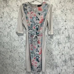 美品<!-利用不可文字-!>SunaUna スーナウーナ　ワンピース　【40】　膝丈　裏地あり　グレー　ピンク　水色　緑　花柄　ウエストリボン　七分袖　大人上品　キレイめ　フォーマル　ストレッチ