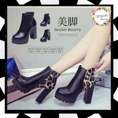 厚底 チャンキーヒール ショートブーツ レディース 歩きやすい 疲れない 履きやすい 滑らない ベーシック 人気 サイドファスナー付き 太ヒール 安定感抜群 厚めのストーム  脚長効果 スタイルアップ 無地 ヒョウ柄 レオパード 3JIANLONG-016