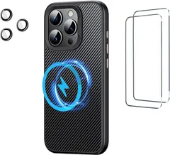 HCXLYP iPhone 14用 アラミド ケース MagSafe対応 ワイヤレス充電対応 ガラスフィルム付き レンズ保護カバー付き 全面強力な保護 超軽量 カーボン風 米軍MIL規格 耐衝撃 ブラック アイフォンケース iPhoneケース T811