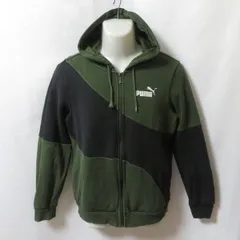 古着 メンズS PUMA/プーマ 裏起毛 スウェットパーカー ジップ フード スポーツ カジュアル カーキ/ブラック/ホワイト 678434-31 fg4738