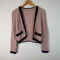 ピンク カーディガン ショート丈 バイカラー ニットカーディガン ケーブル編み フリーサイズ レディース 古着 レトロ ウール　y2k